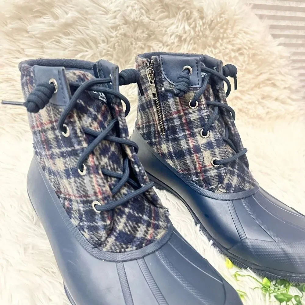 SPERRY Saltwater Wool Plaid Blue Duck Winter Rain‎ Ankle Boots Side Zip sz 8 NEW
